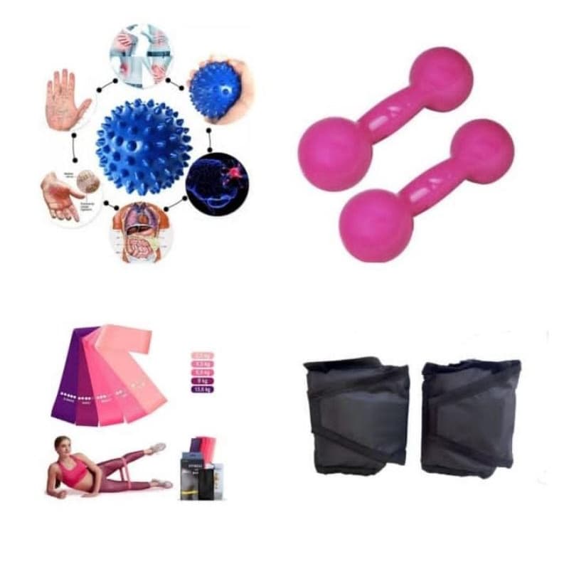 Kit Treino Fisioterapia Par Halter Rosa 1 Kg + Par Caneleira 1 Kg + Kit Theraband+ Bolinha Fisio