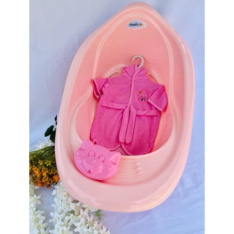 Kit Hora do Banho menina Banheira 22 Litros + Roupão de Bebê + Saboneteira