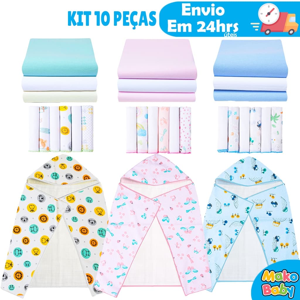Kit 10 Peças Enxoval Bebe 1 Toalha de Banho Bebe Forrada 3 Cueiro 6 Paninho de Boca 100% Algodão