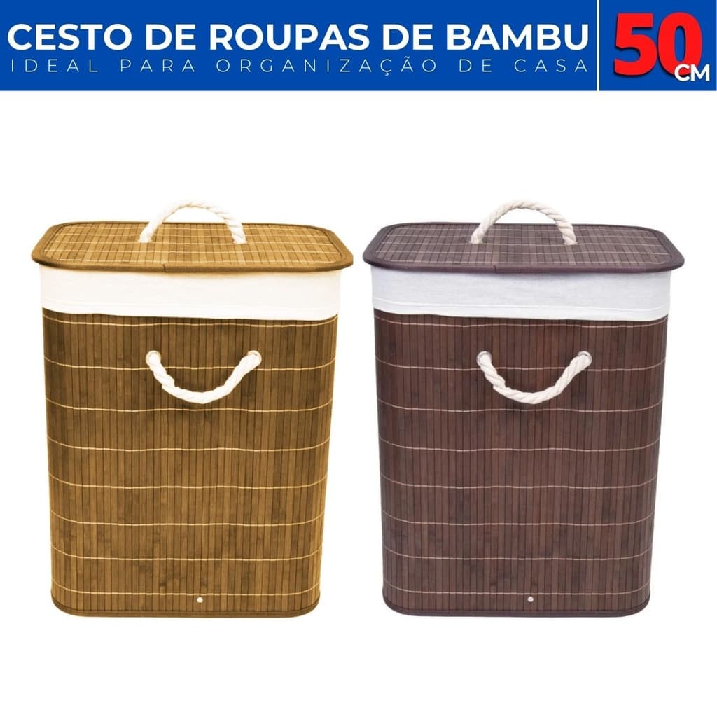 Cesto Organizador de Bambu p/ Roupas Sujas c/ Tampa e Alça Banheiro Lavabo Mulituso Resistente Grande Decorativo Luxo Moderno