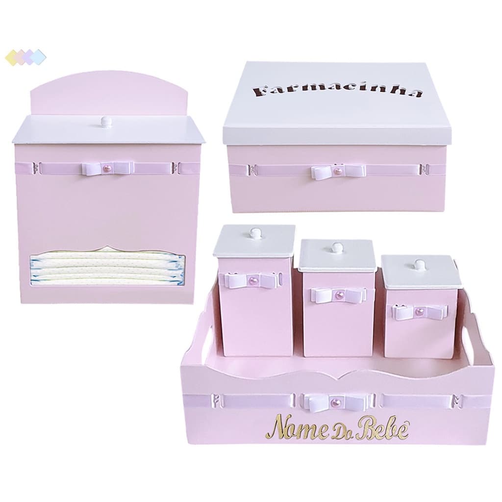 Kit Higiene Bebê Menina Personalizado MDF Quarto Infantil Recém Nascido Rosa Enxoval 6 Peças