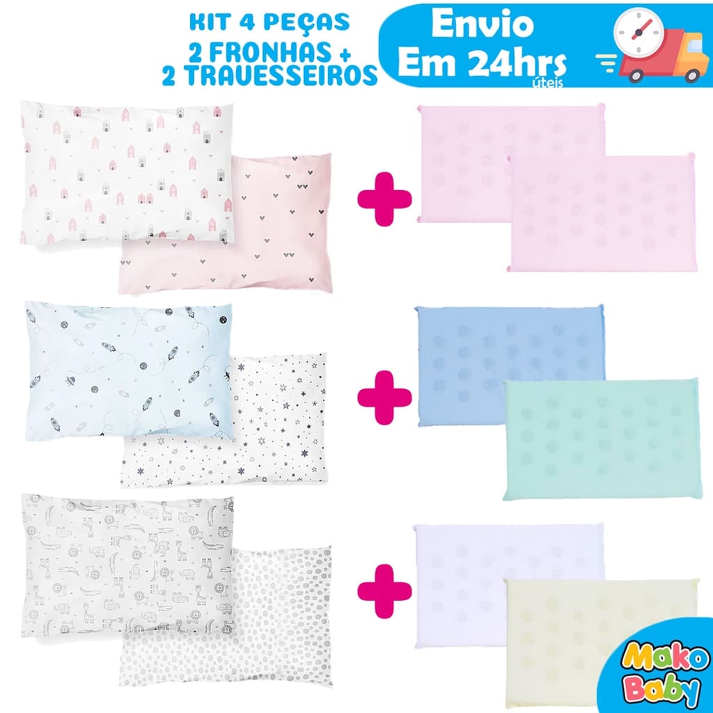 Kit 4 Peças Enxoval Bebe 2 Fronhas Infantil para Travesseiro Bebe 2 Travesseiro Bebe Antissufocante
