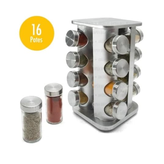Organizador De Temperos Condimentos Porta Tempero de inox e vidro 16 Peças Inox Giratório