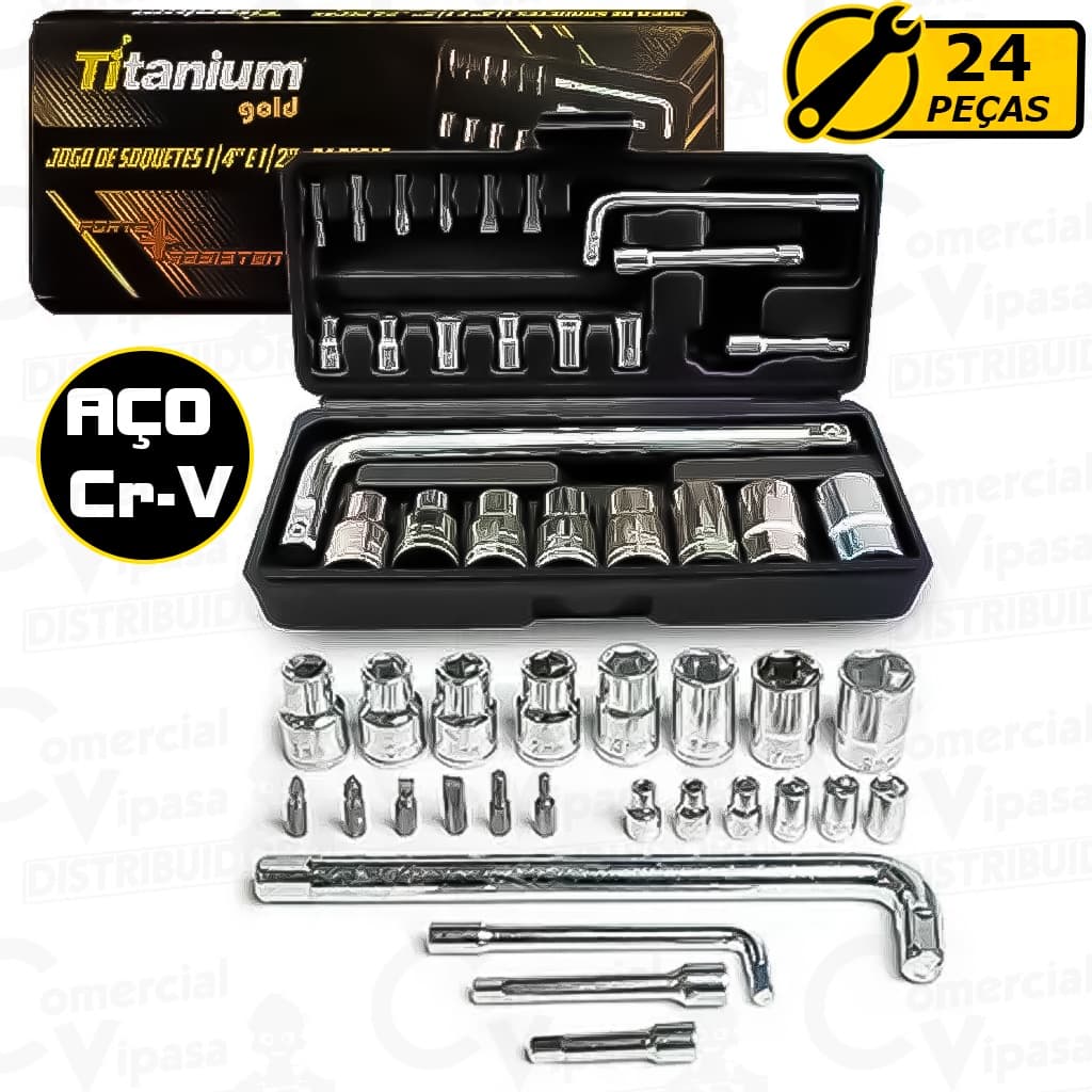 Kit Jogo De Ferramentas Soquetes 24 Peças Cromo Vanádio Completo Titanium