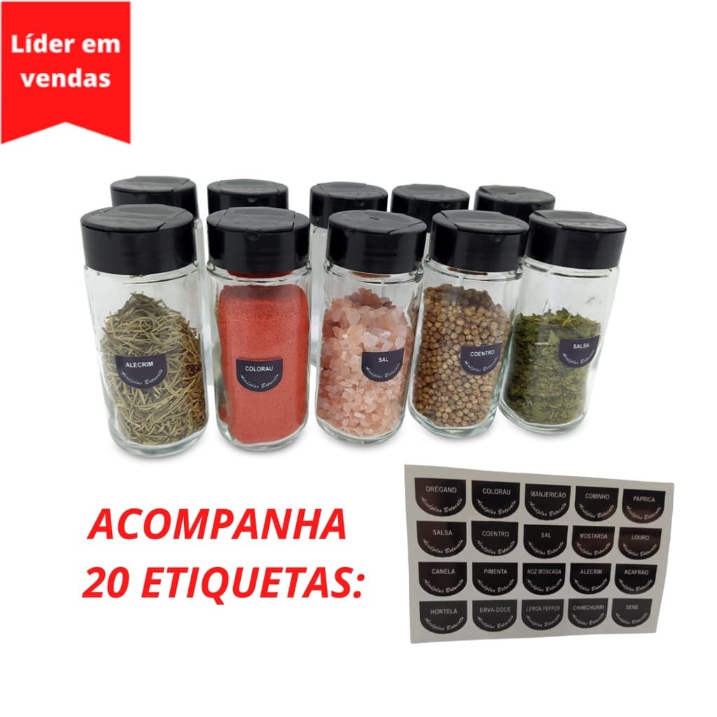 kit 05 porta temperos vidro + 20 etiquetas para temperos e condimentos com tampa dosadora dupla flip top