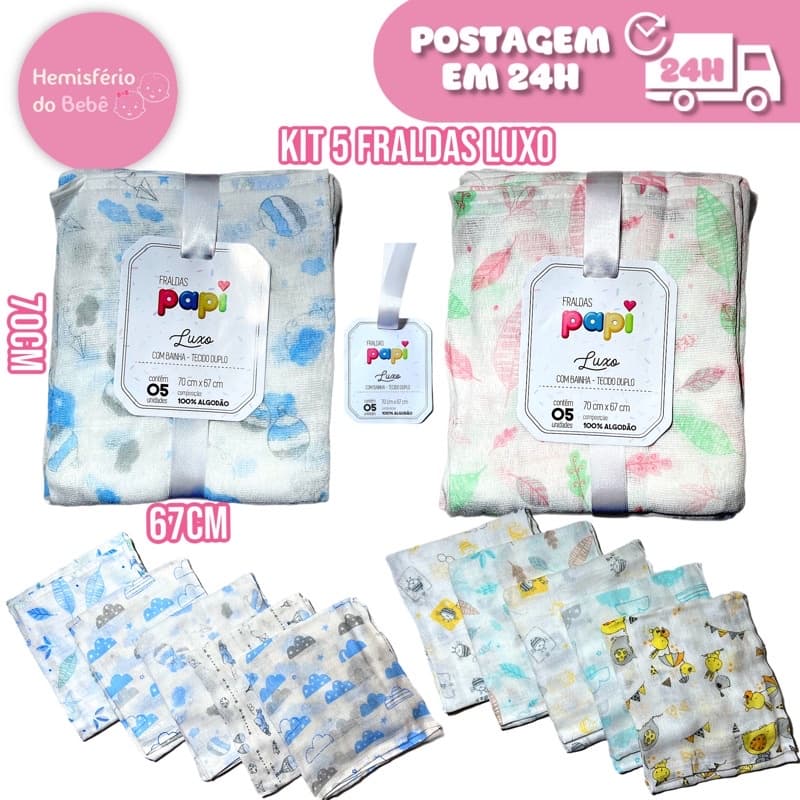 Fralda De Pano Luxo Com Bainha 5 Peças Bebe 70cmx67cm Kit Fraldas Macia Enxoval Bebê Papizinha