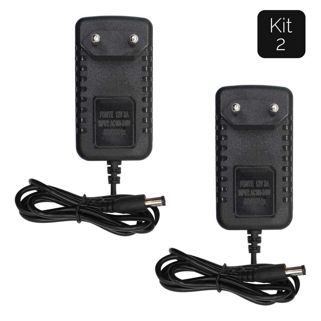 Kit 2 Fonte 3a 12v Estabilizada Chaveada Bivolt Cftv Fita Led Plug P4