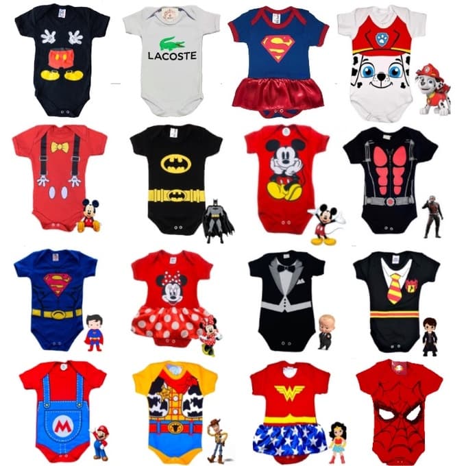 KIT 3 Body de Bebê Temático DE Personagens SORTIDOS ESCOLHA MENINA OU MENINO
