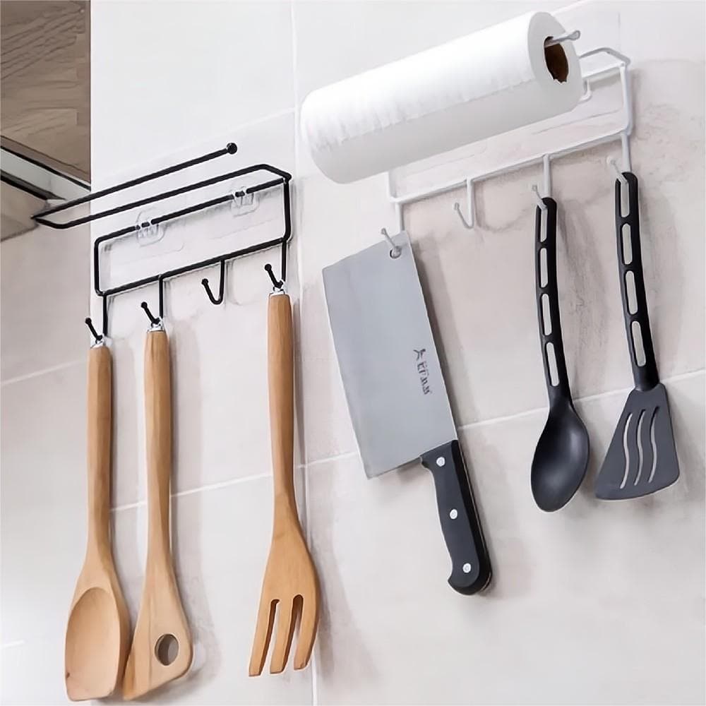 Organizador Suporte De Parede Para Utensílios De Cozinha Com C/ 5 Ganchos Em Metal e Multiuso 26X9CM