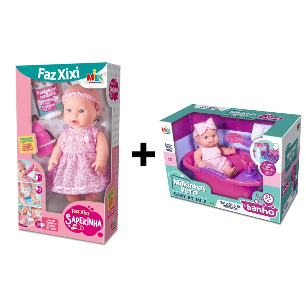 Kit Boneca Bebê Milkinhas Petit Banho Com Banheira Que Sai Água + Boneca Bebê Sapekinha faz Xixi