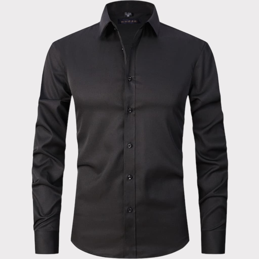 Camisa Manga Longa Slim Masculina Social Lisa Preta Sem Bolso Gabardine Elegance
