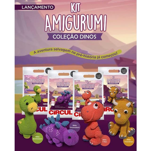 Kit Amigurumi Círculo Dinos - Material + Receita - Tricô / Crochê - Baby Dinossauros