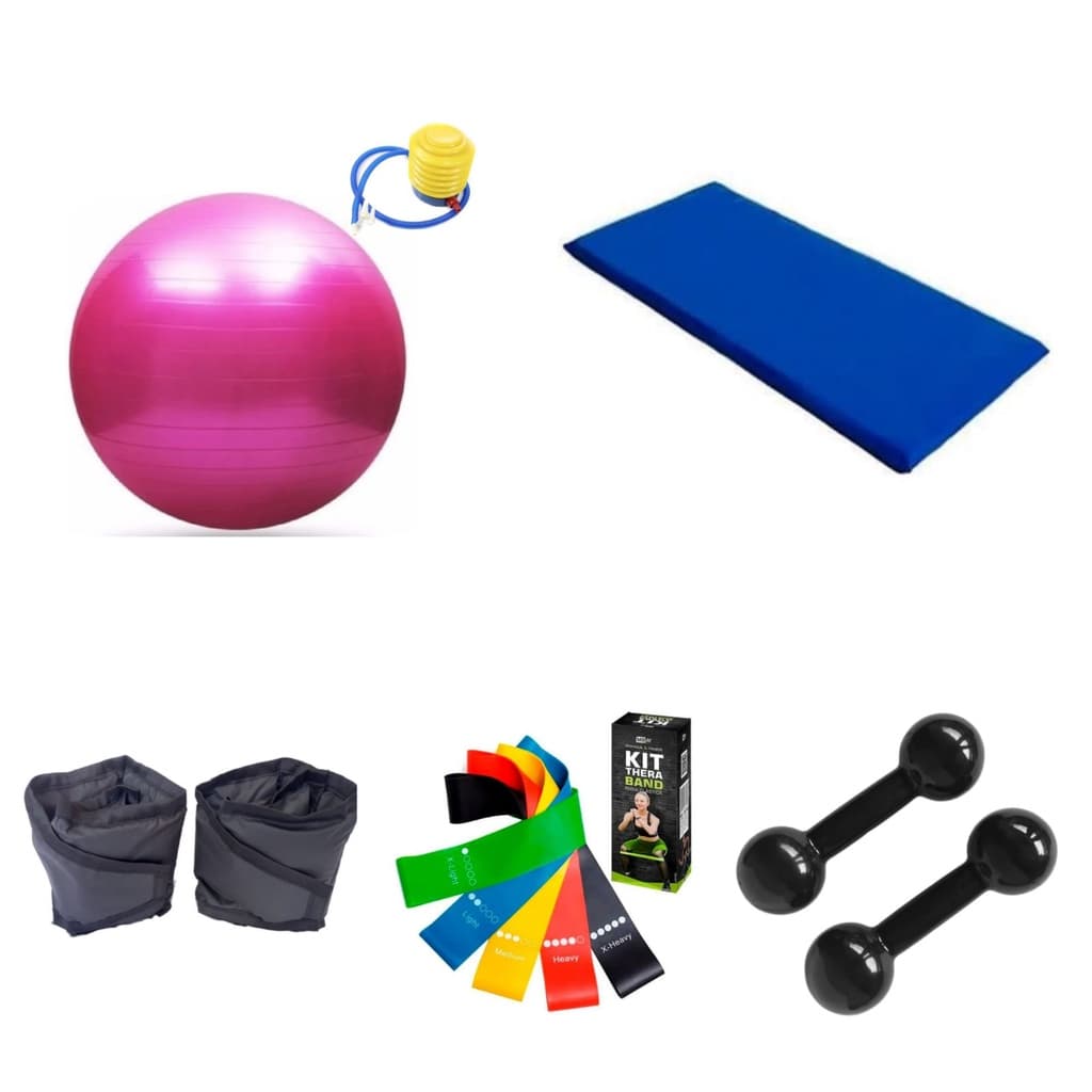 Kit Treino Par Halter 1 kg + Par Caneleira 2 kg + Bola de Pilates  55 cm + Colchonete + Kit Theraband