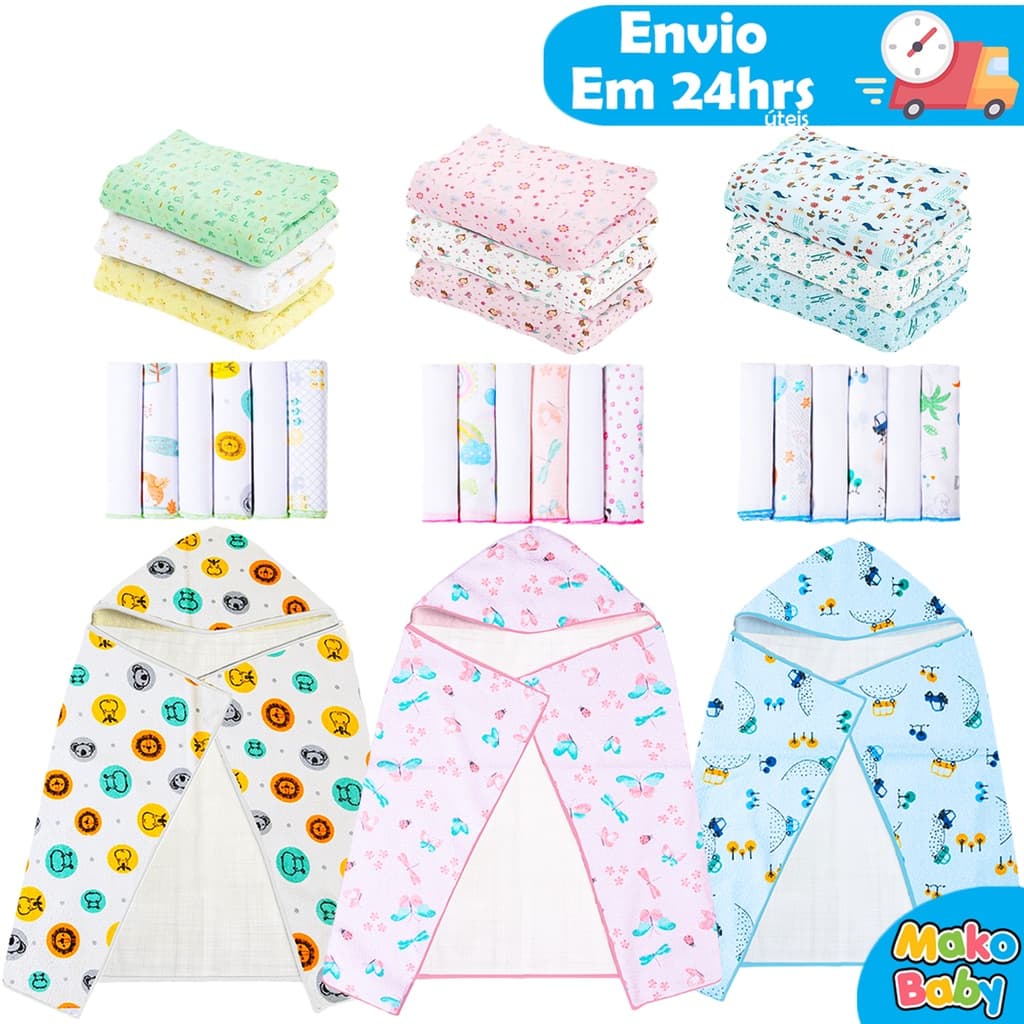 Kit 10 Peças Enxoval Bebe - 1 Toalha de Banho Bebe Forrada + 3 Cueiro Bebe + 6 Paninho de Boca
