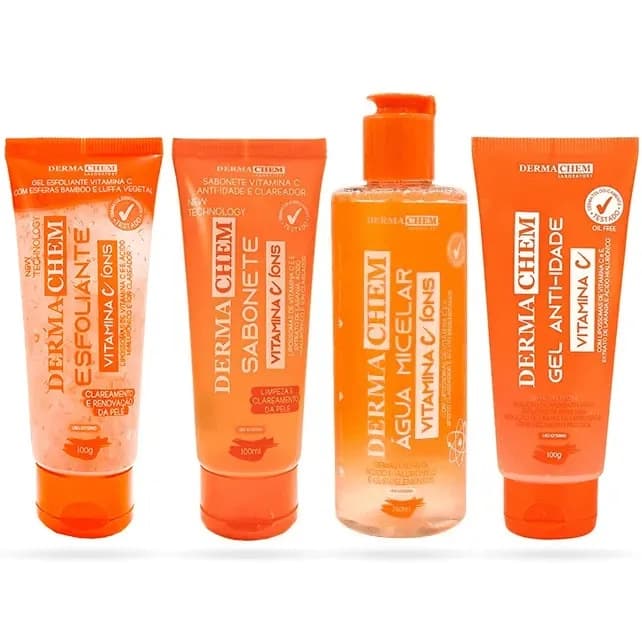 KIT Skin care Dermachem Vitamina C Íons Sabonete Facial Esfoliante Gel Anti-idade e Água Micelar