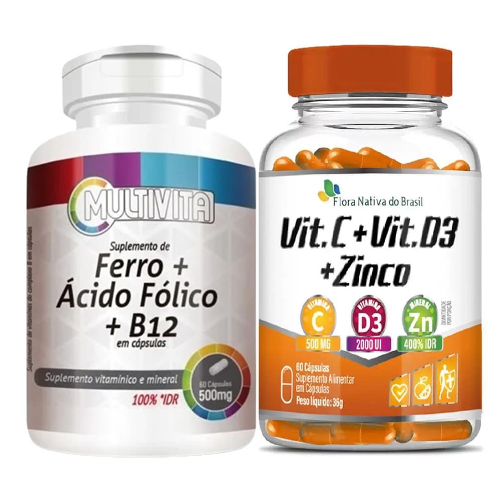 Ferro + Ácido Fólico + Vitamina B12 Metilcobalamina 500mg 60 Caps + Vitamina C + Vitamina D3 + Zinco 60 Caps Flora Nativa