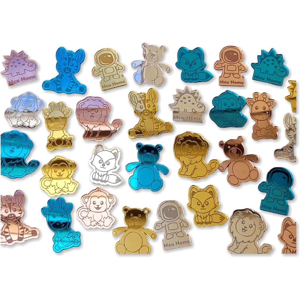 Kit 5 Apliques Etiquetas Tag Bichinhos e desenhos em Acrílico Espelhado artesanato, crochê, amigurumi, lembrancinhas