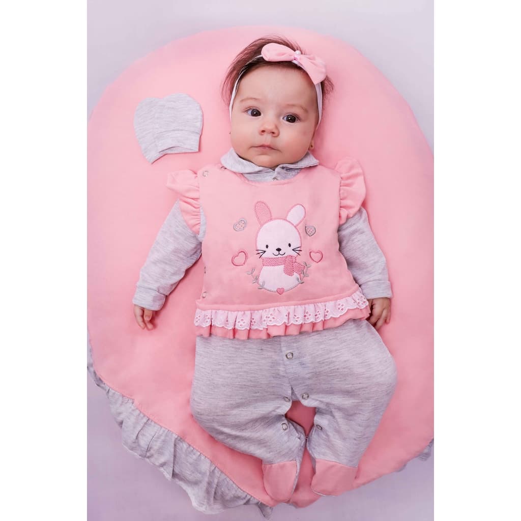 Saída De Maternidade Para Bebe Menina Coelhinha Bordada 04 Peças Roupa de Bebê Menina