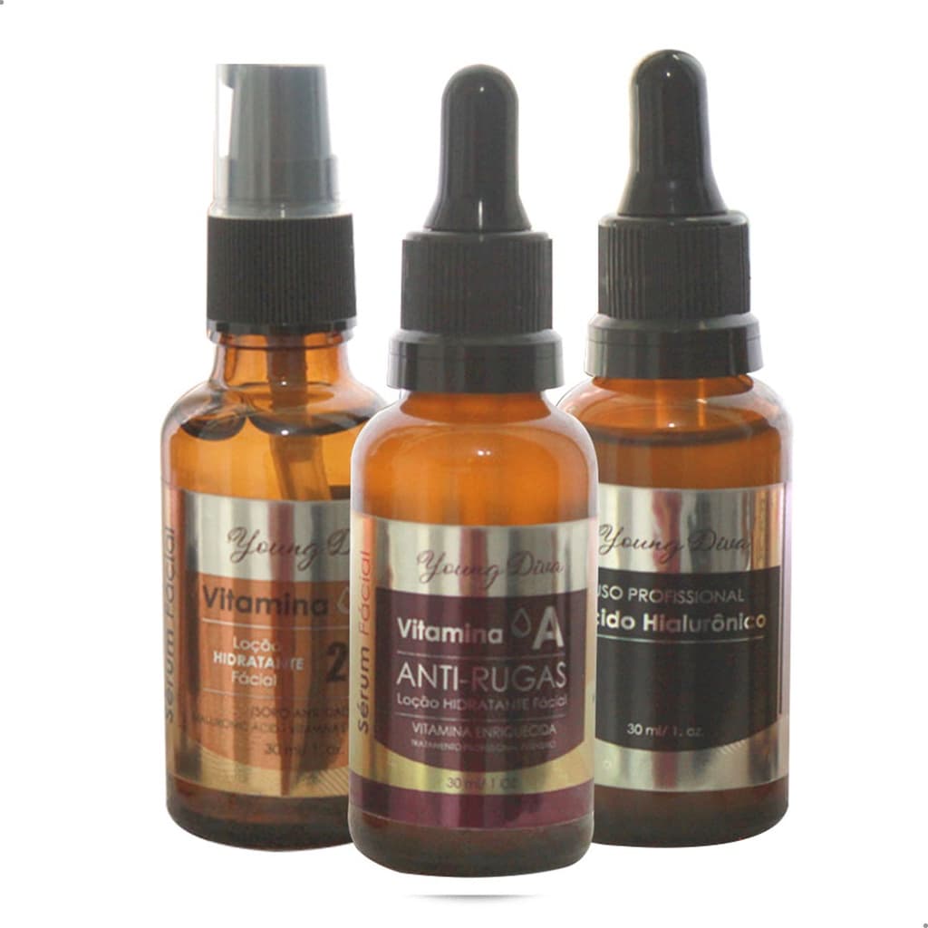 Seruns faciais Young Diva - Vitamina C, Ácido Hialurônico, Retinol.