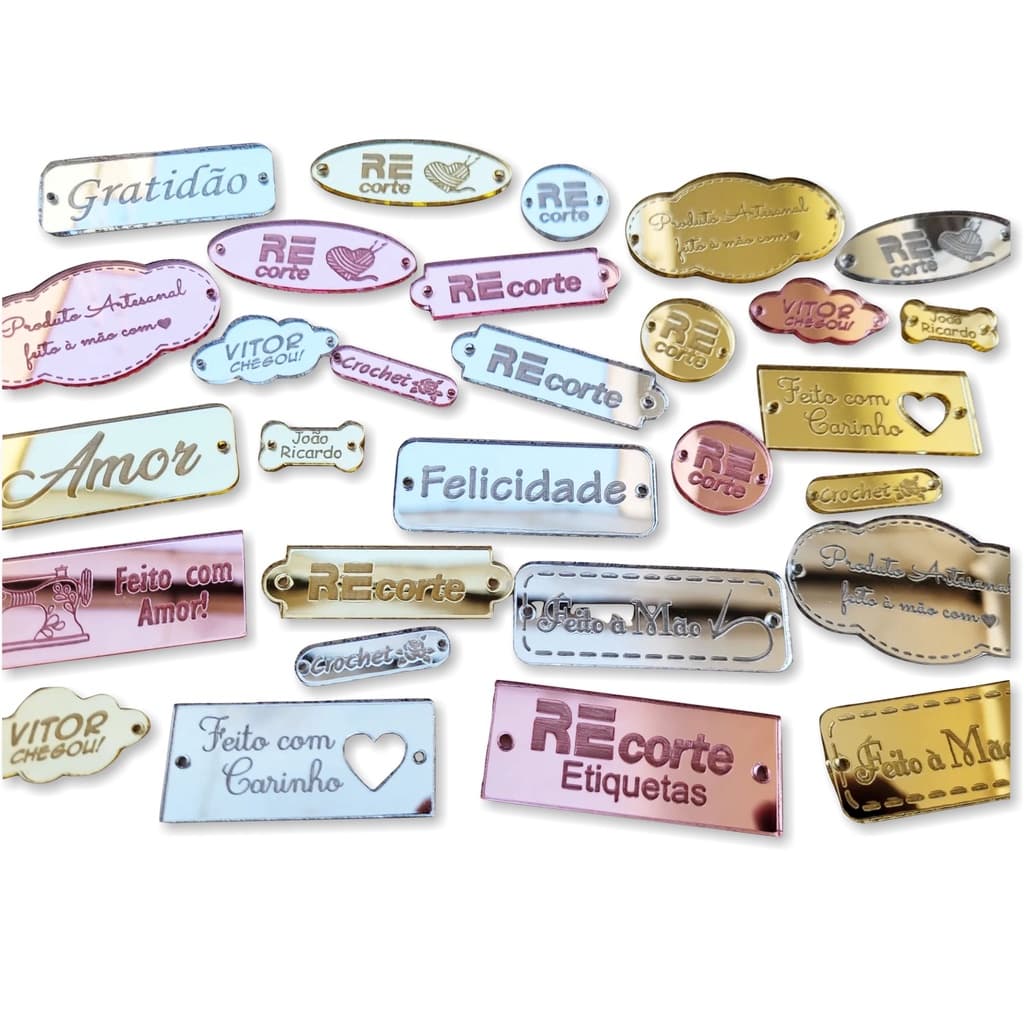 Kit 50 Etiquetas Tag Personalizadas em Acrílico Espelhado para artesanato, crochê, amigurumi, lembrancinhas