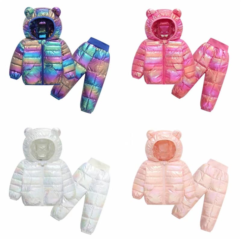 Conjuntos De Roupas De Inverno Kids Hooded Down Clothing Sets Baby Boys Girls Warm Jackets Calças 2Pcs Casacos De Neve