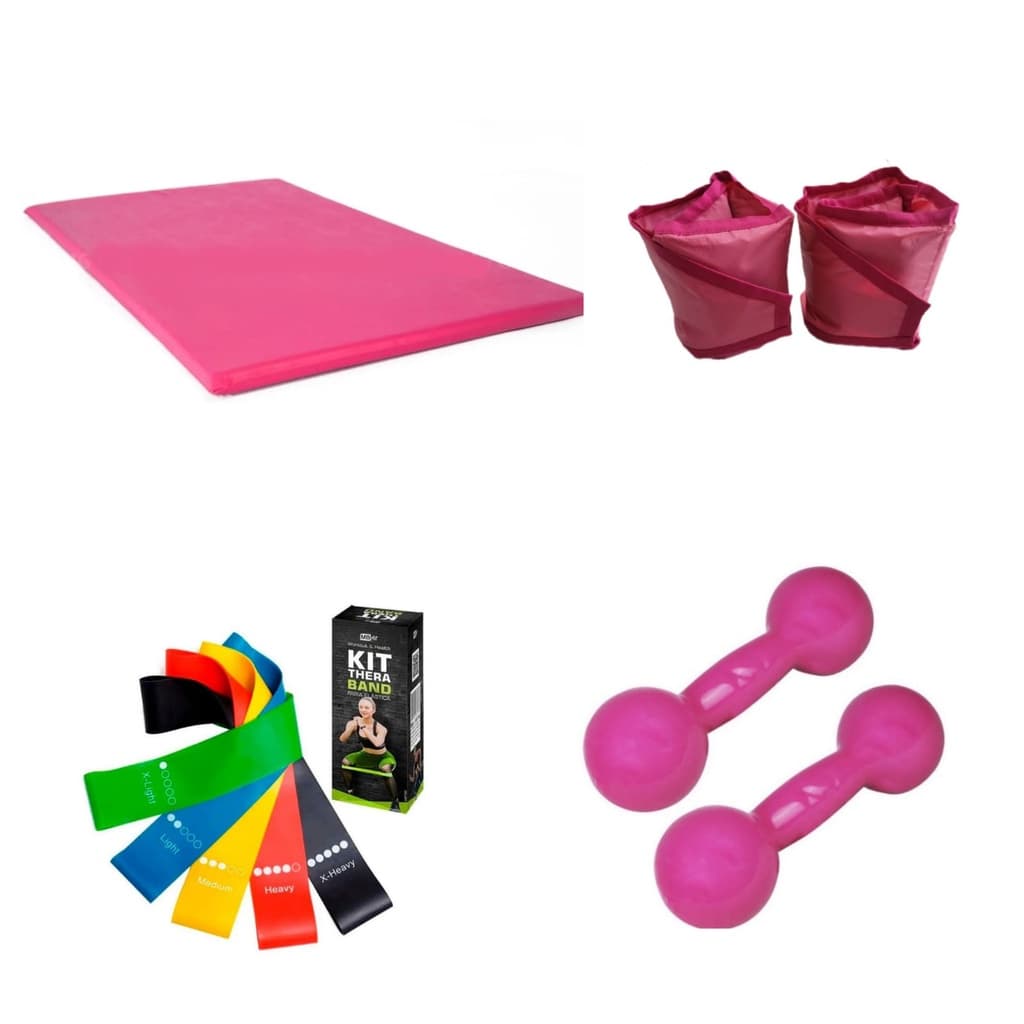 Kit Treino Halter Emborrachado 2kg + Tornozeleira 2kg + Colchonete + Kit Mini Band