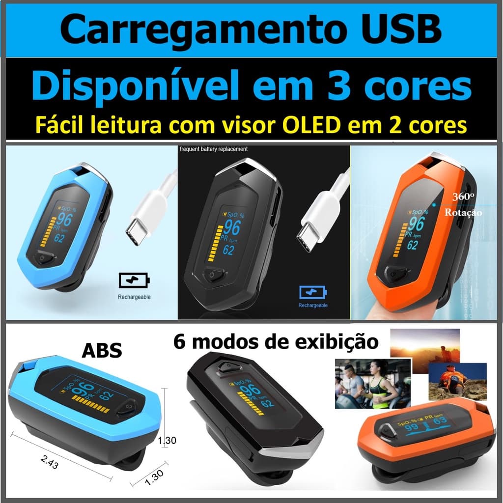 Oxímetro Digital Recarregável USB Medidor de Saturação de Pulso de Dedo
