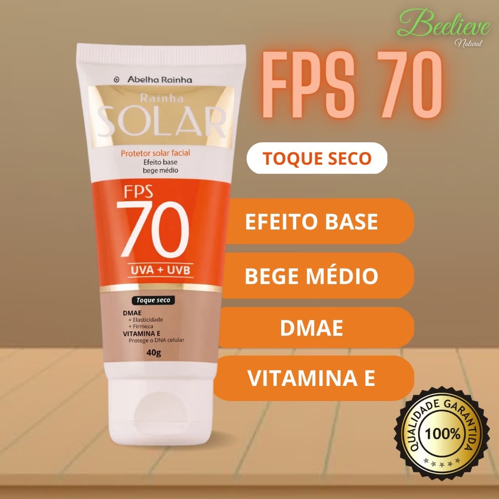 Protetor Solar Facial Cor De Base Bege Médio FPS 70 Abelha Rainha Com Vitamina E e DMAE Rainha Solar