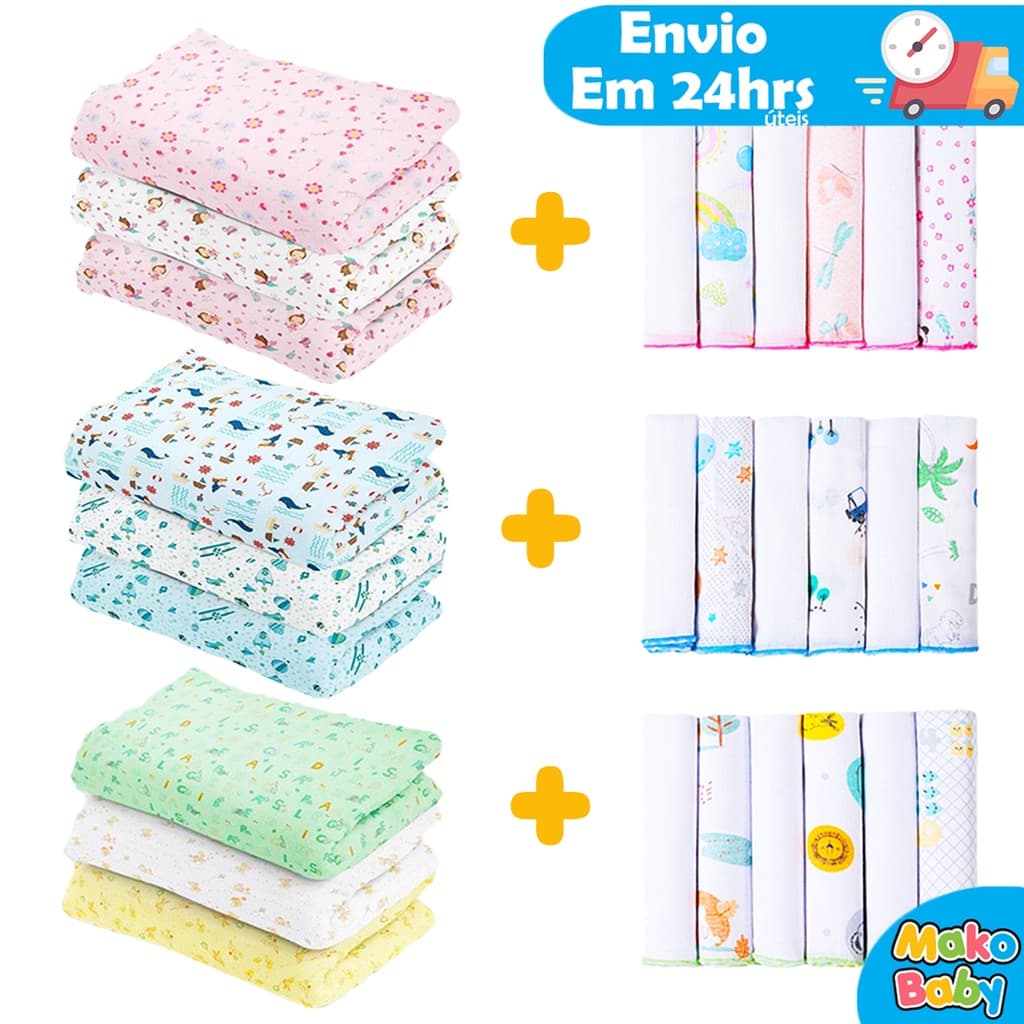 Kit 9 Peças Enxoval bebê - 3 Cueiros Grandes 100 x 80 Flanelados + 6 Toalhinha de boca 100% Algodão