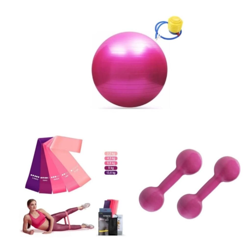 Kit Treino Academia Pilates Yoga Halter 1 Kg Rosa + Bola De Pilates + Kit Theraband