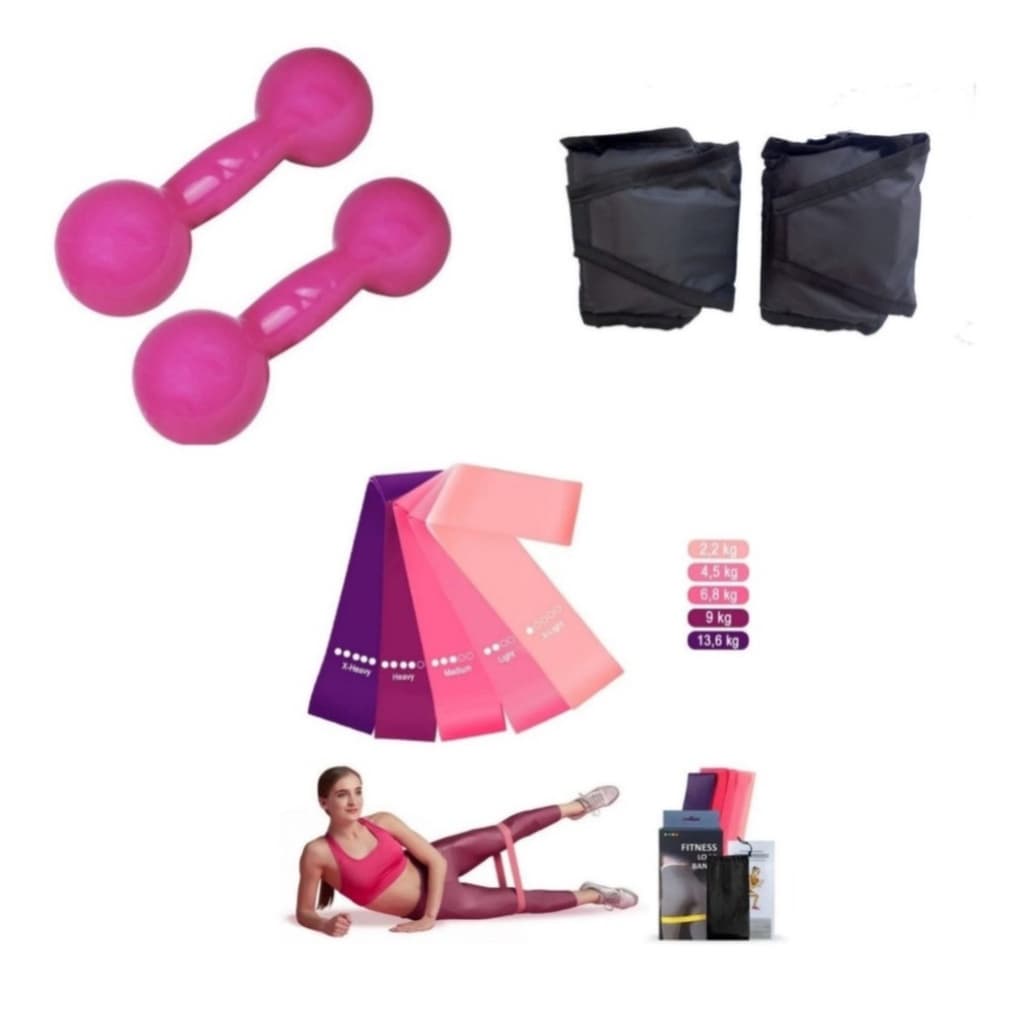 Kit Treino Completo Par Halter 2kg Rosa + Caneleira 2kg + Kit Theraband