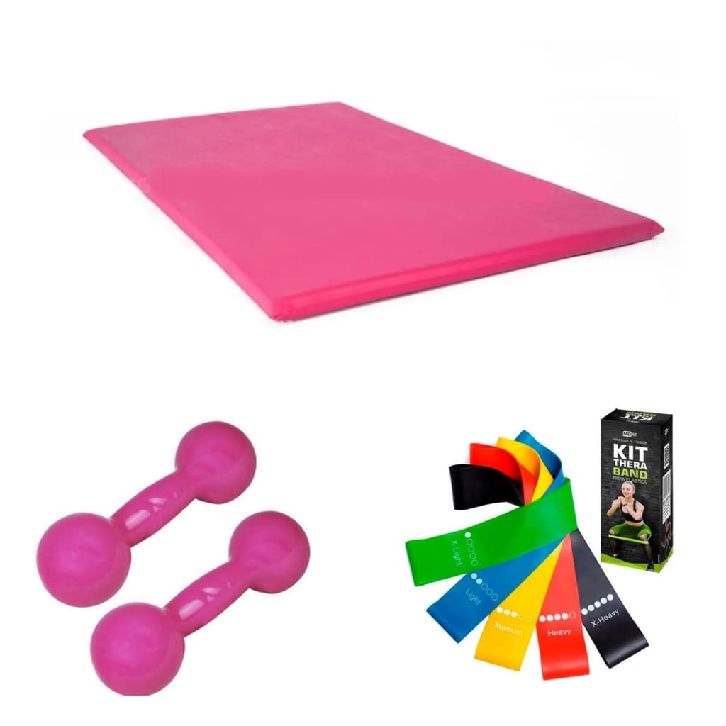 Musculação Treino Par Halter Emborrachado 2 kg + Colchonete + Kit Theraband