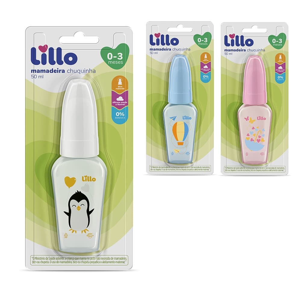 Mamadeira Chuquinha Lillo Bebe Primeiros Passos 50ml Bico Redondo Em Silicone 0-3 Meses