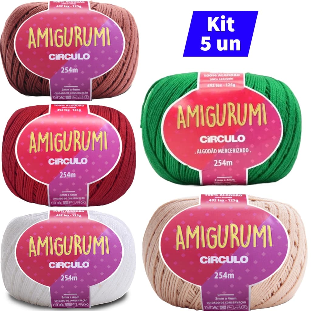 Kit 5 Novelos Linha Amigurumi 254 metros 100% Algodão Circulo Barbante p/ Crochê, Tricô e Artesanato