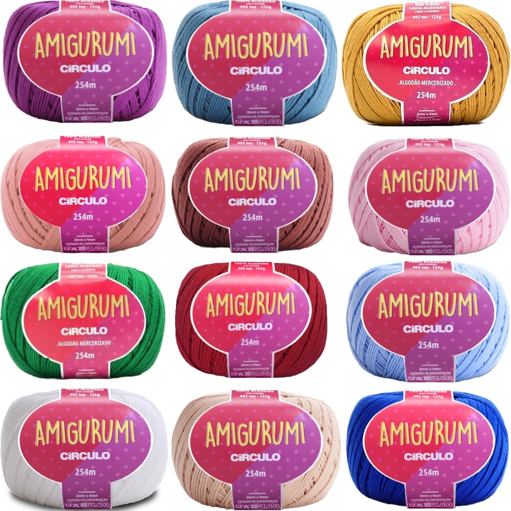 Kit com 12 Linhas Amigurumi 254 Metros Circulo Barbante de 492 TEX para Crochê, Tricô e Tapeçaria