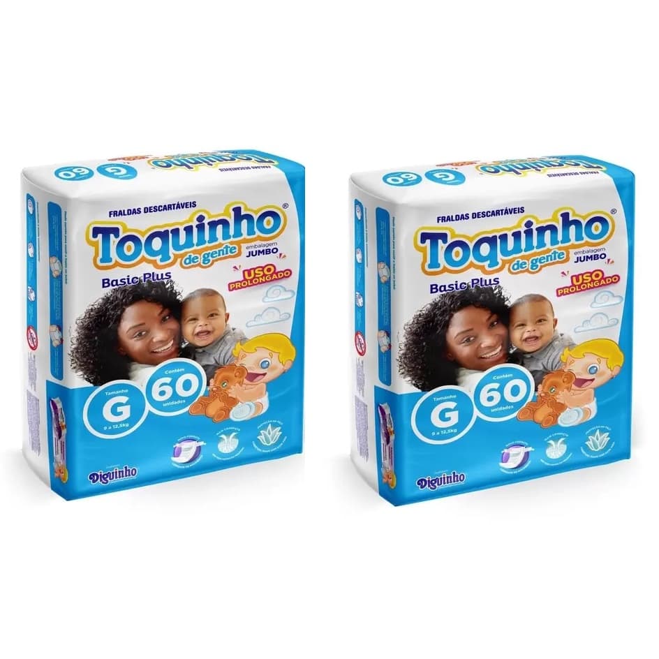 Fraldas Descartáveis na Promoção Kit com 2 Pacotes Toquinho de Gente Basic Plus Tam G - 120 Unidades