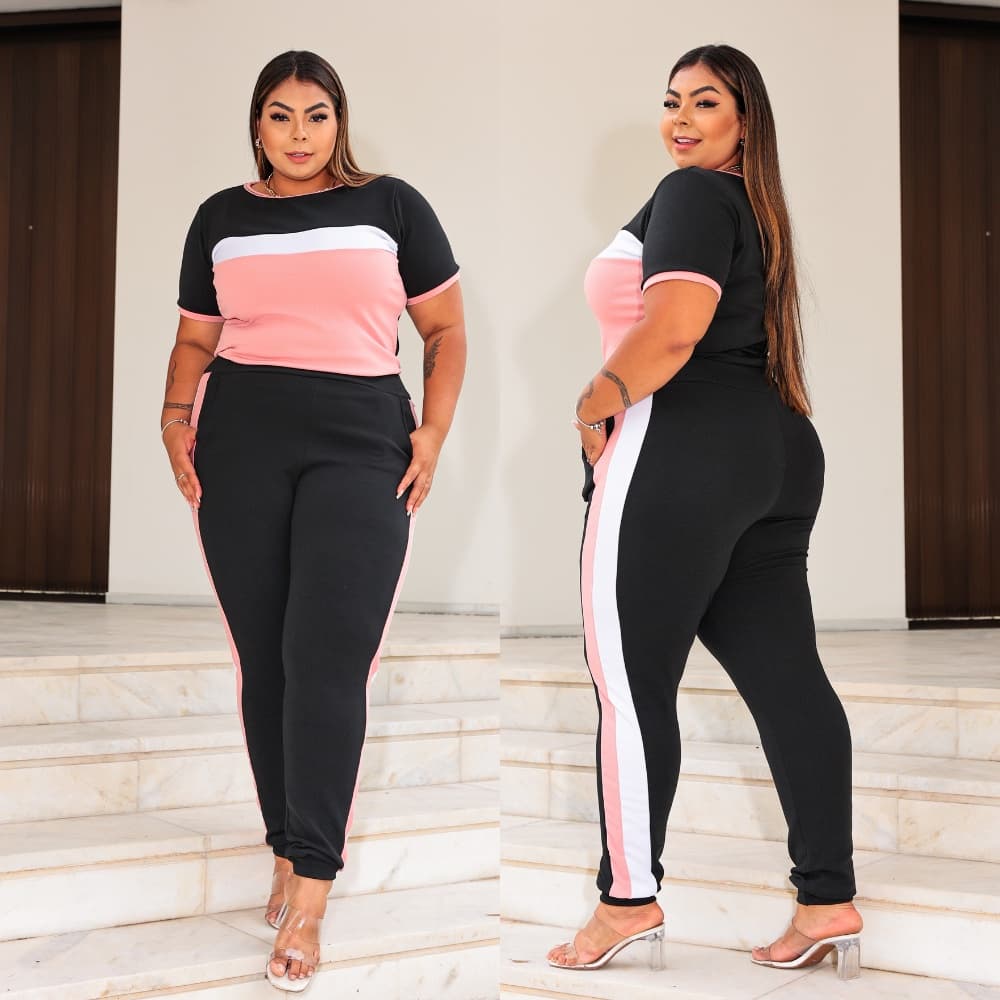 Conjunto Feminino Plus Size Calça E Blusa Moleton Crepe G123 Conjunto Plus