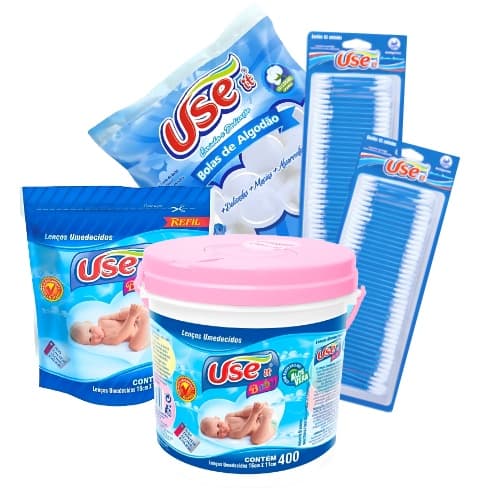Kit Lenço Umedecido + Refil + Algodão Bola + Hastes Flexiveis Menina 5 produtos use it