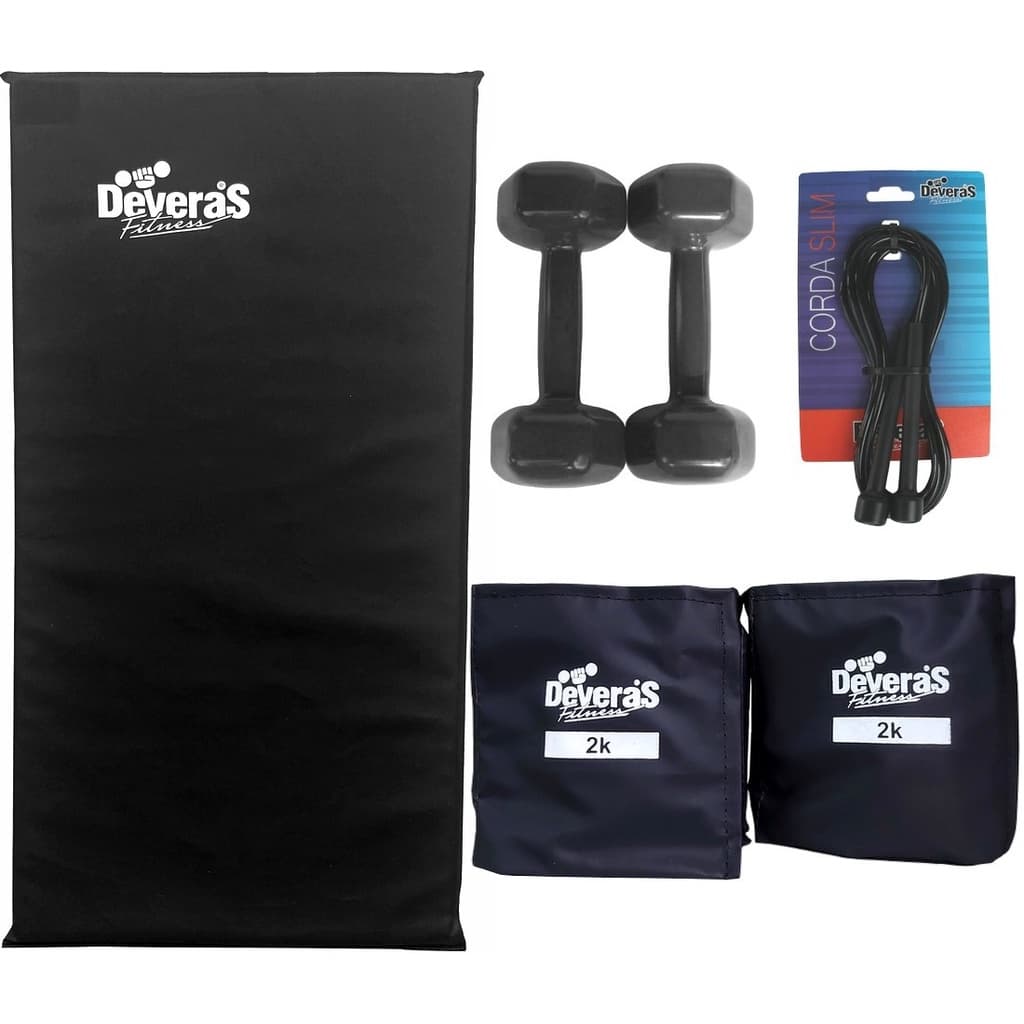 kit treino musculacao tornozeleira peso 2 kg + corda de pular pvc + colchonete para academia + halteres emborrachado halter 2 kg