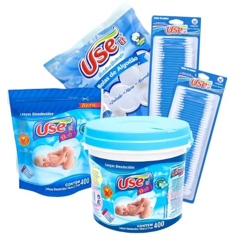 Kit Lenço Umedecido + Refil + Algodão Bola + Hastes Flexiveis Menino 5 produtos use it
