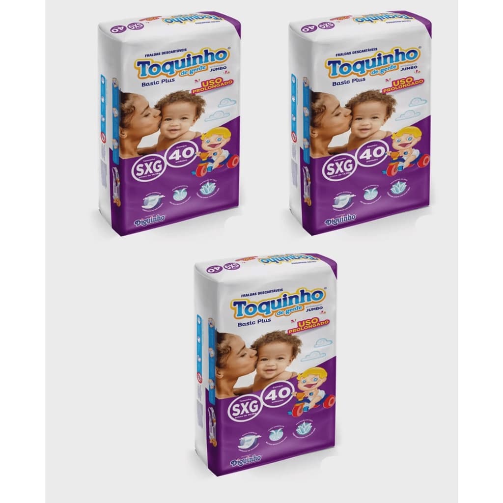 Fraldas Descartáveis Promoção Kit com 3 Pacotes Toquinho de Gente Basic Plus Tam. SXG - 120 Unidades