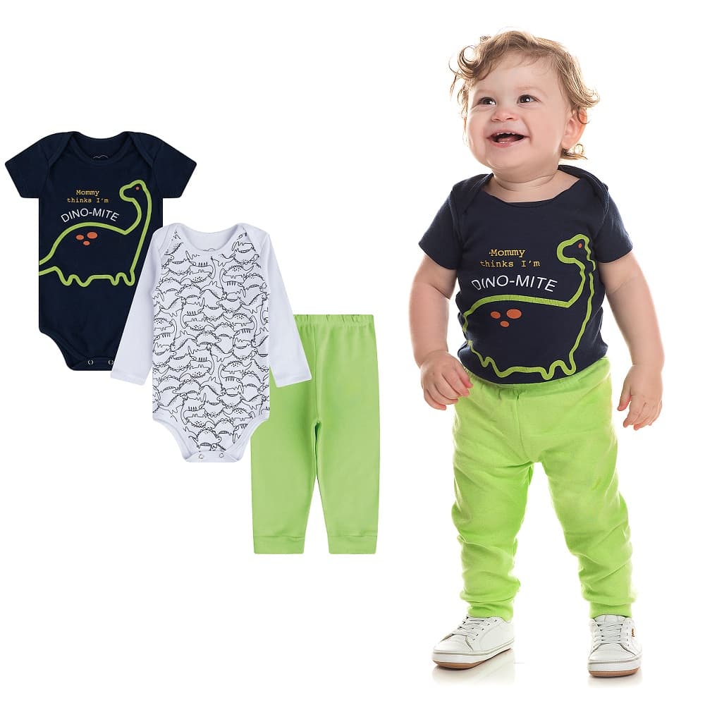 Kit Body Bebê 3 Peças Menino Body Manga Longa Body Manga Curta e Mijão (Calça Bebê) Algodão - Enxoval Menino Bodies Estampado