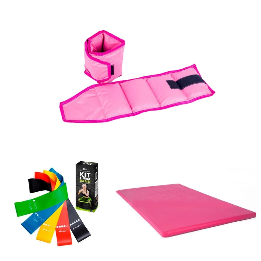 Kit Treino Musculação Par de Caneleiras 2 kg + Colchonete + Kit Theraband Faixa Elásticas