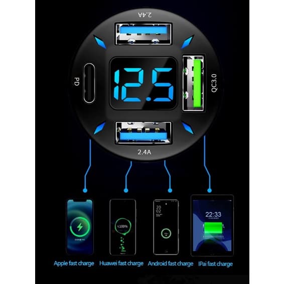 Voltimetro 12v + Carregador Veicular 4 portas Turbo carga RJ