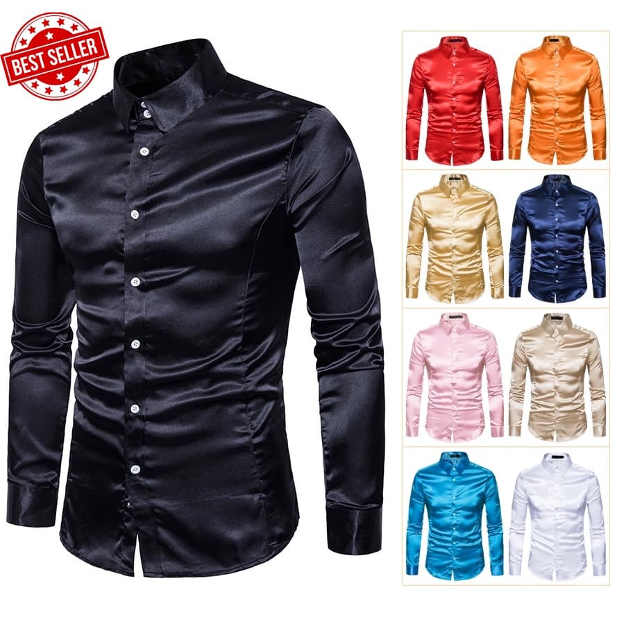 Camisa Masculina De Cetim Com Gola Virada De Manga Comprida Slim Fit Cor Lisa Para Social Casual Casamento Festa