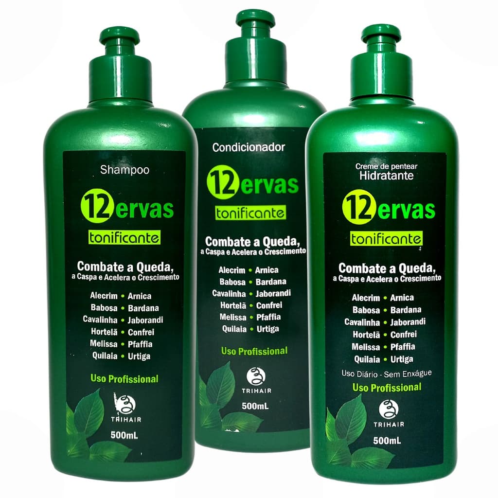 Kit Shampoo +Cond + Hidratante 500ml Tonificante 12 Ervas