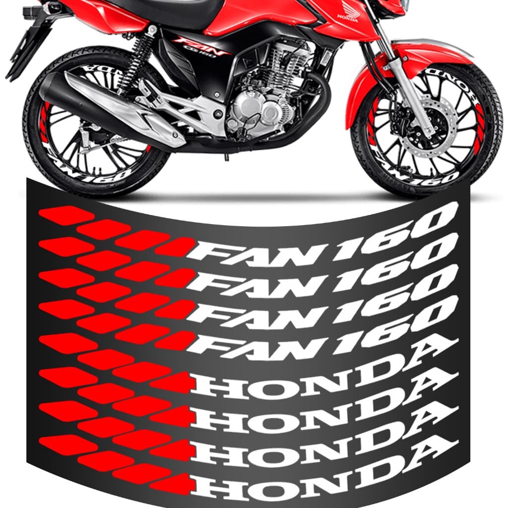 Kit 8 Adesivo Roda Fan 160 Grande Para Moto Branco e Vermelho Colante