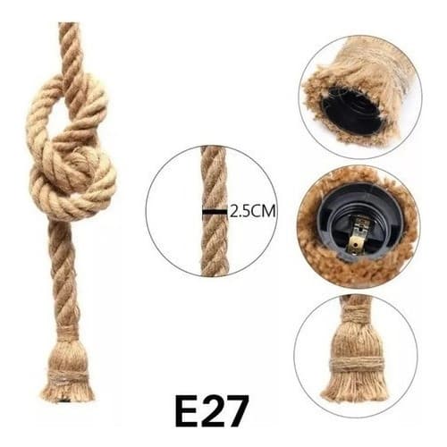 Luminária Pendente Corda Sisal Rústico 1,50 Metros Decoração 1.5 Metro Lâmpada E27 Decoração Rústica Casa Jardim