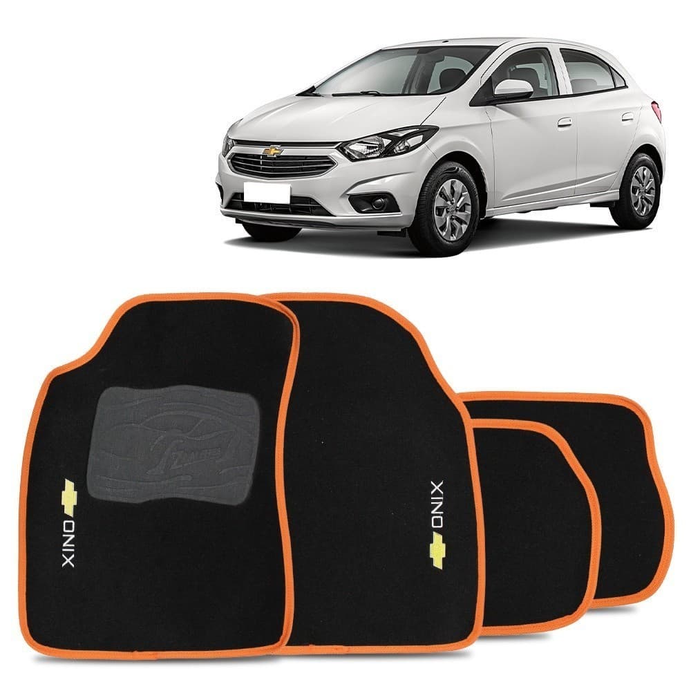 Jogo Tapete Onix: Jogo de Tapetes Automotivos em Carpete Preto com Borda Laranja - Conjunto de 4 Peças para Modelos de 2012 a 2019"