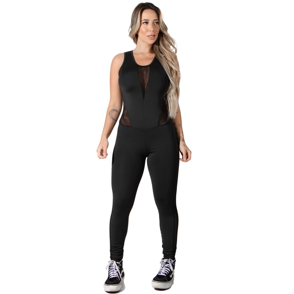 Macacão Feminino Fitness com Tela Preto – Decote nas Costas, Alta Qualidade para Treino e Academia